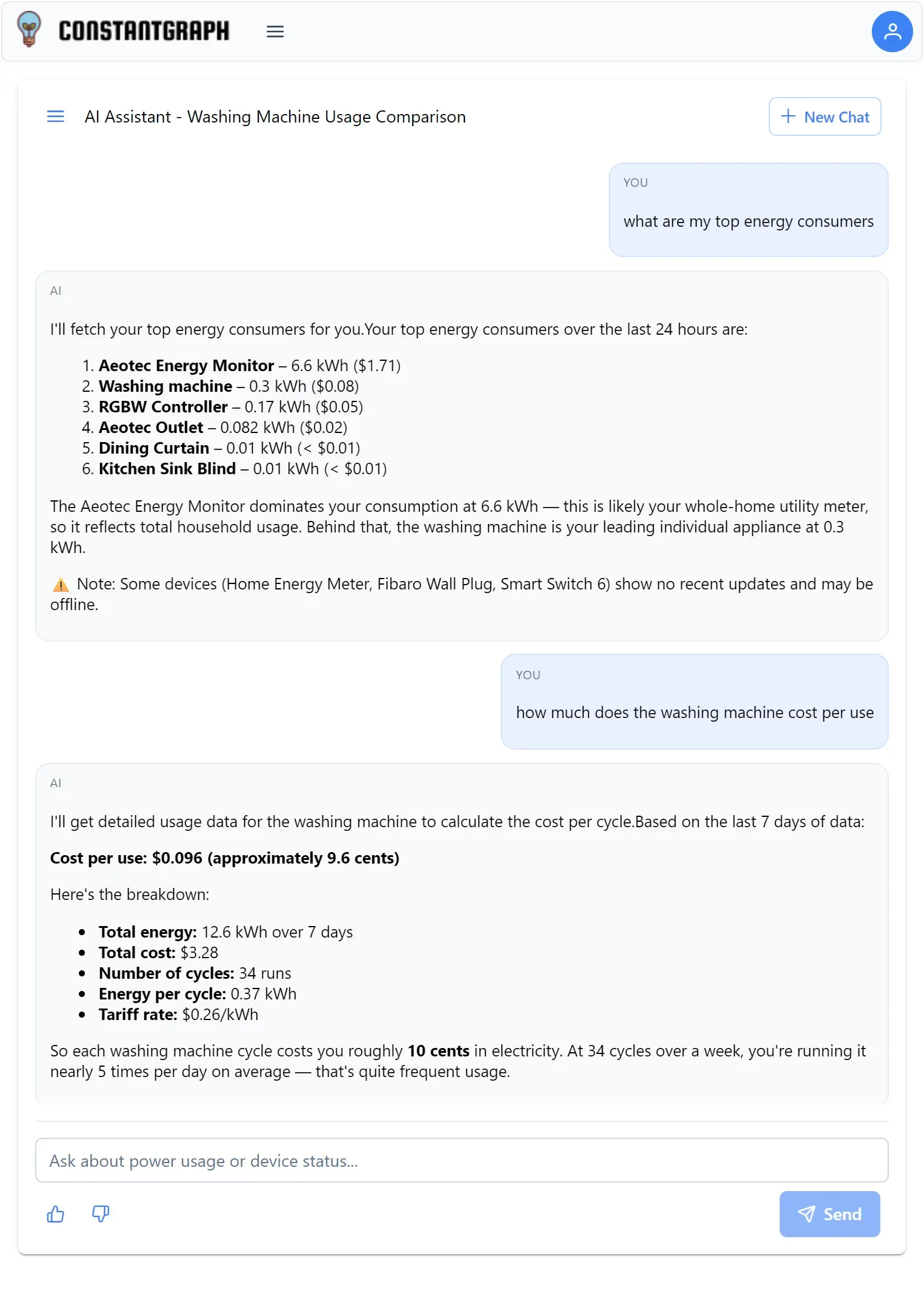 AI Chat showing top device energy usage and cost per cycle
