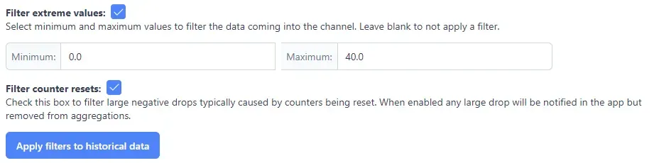 Channel Configuration settings showing the filtering options