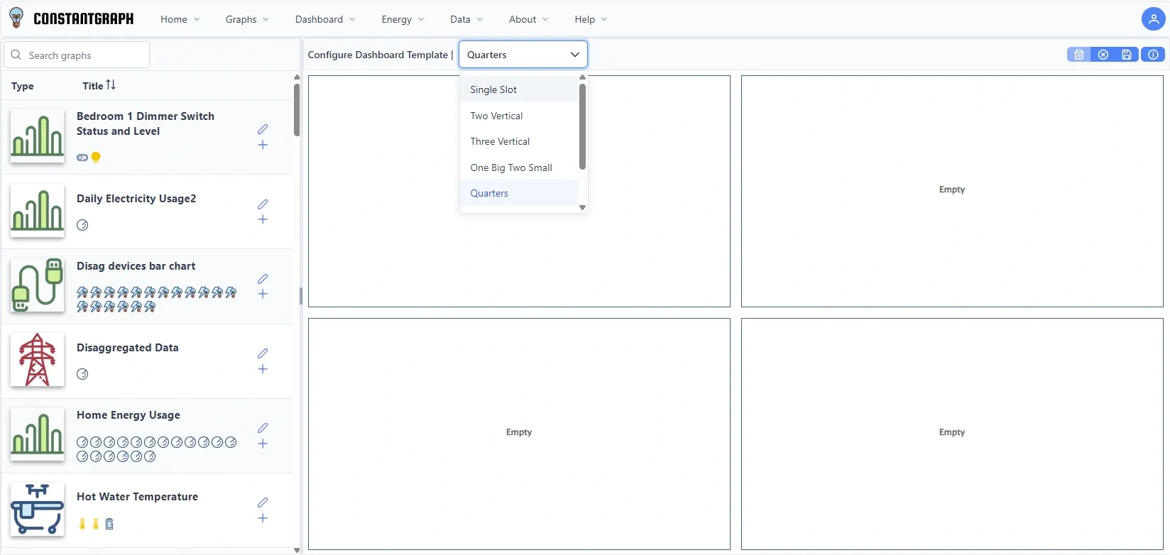 Dashboard builder screen showing 4 available slots