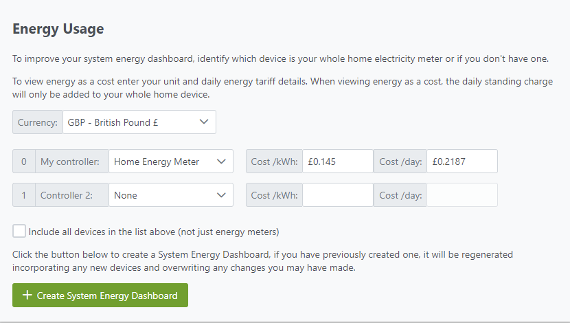 Energy configuration settings showing energy pricing