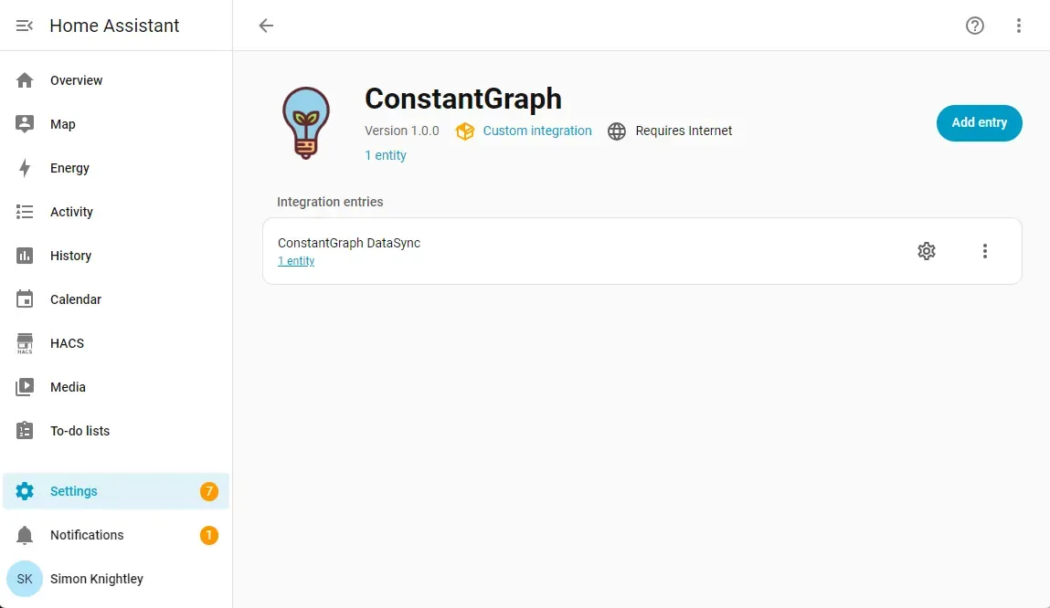 Home Assistant web interface showing ConstantGraph plug-in