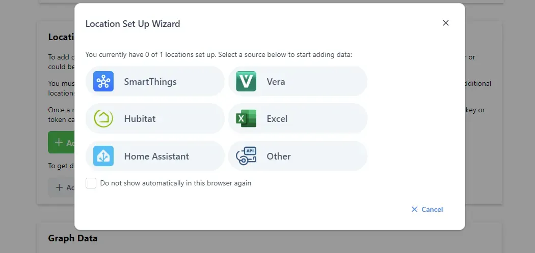 Location set-up wizard showing connection options